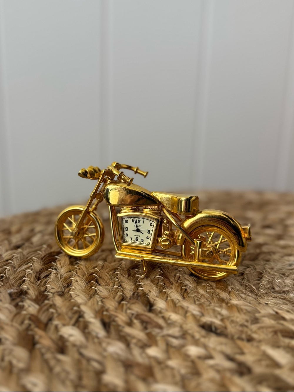 Vintage Mini Motorcycle Clock Timex Trinket 4" x 2 1/2" Gold Tone